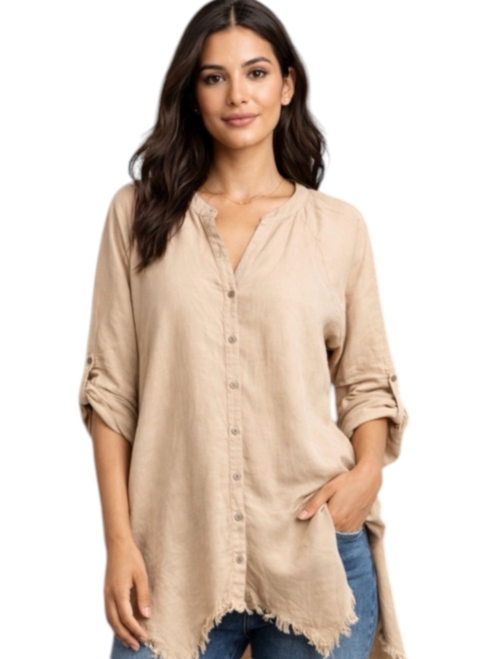 Hester & Orchard Women’s Tencel Oversized Boho Blouse Plus Size Raw Hem 2X New